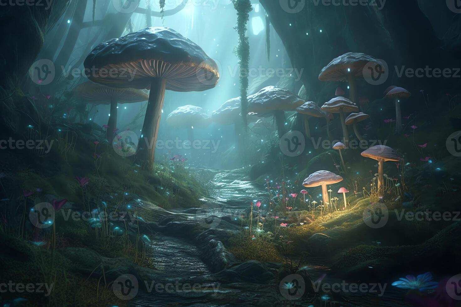 un' fantasia foresta con fiori funghi e nebbia. ai generato foto