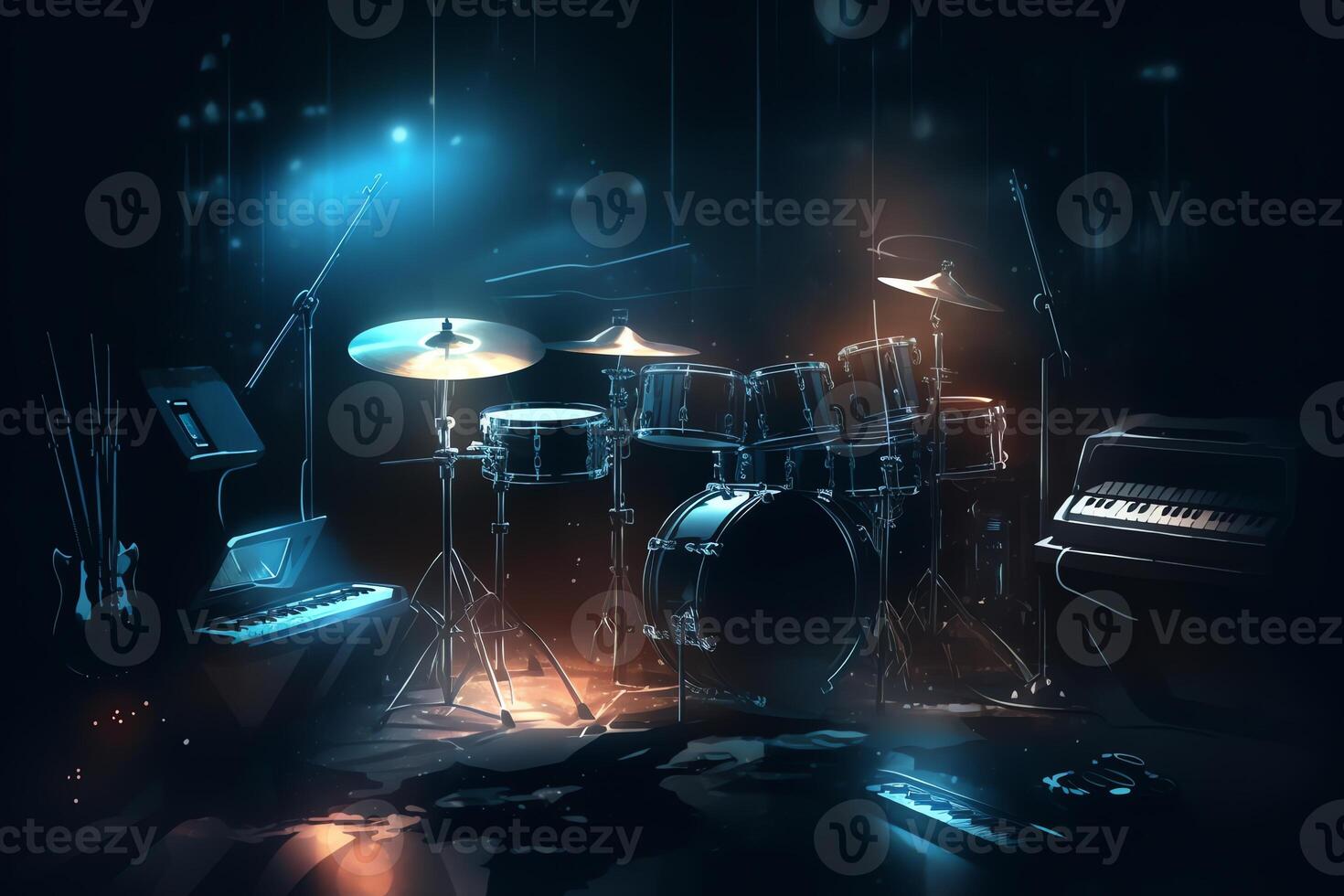 illustrazione di astratto musicale strumenti nel un' buio palcoscenico con illuminato sfondo. ai generato foto