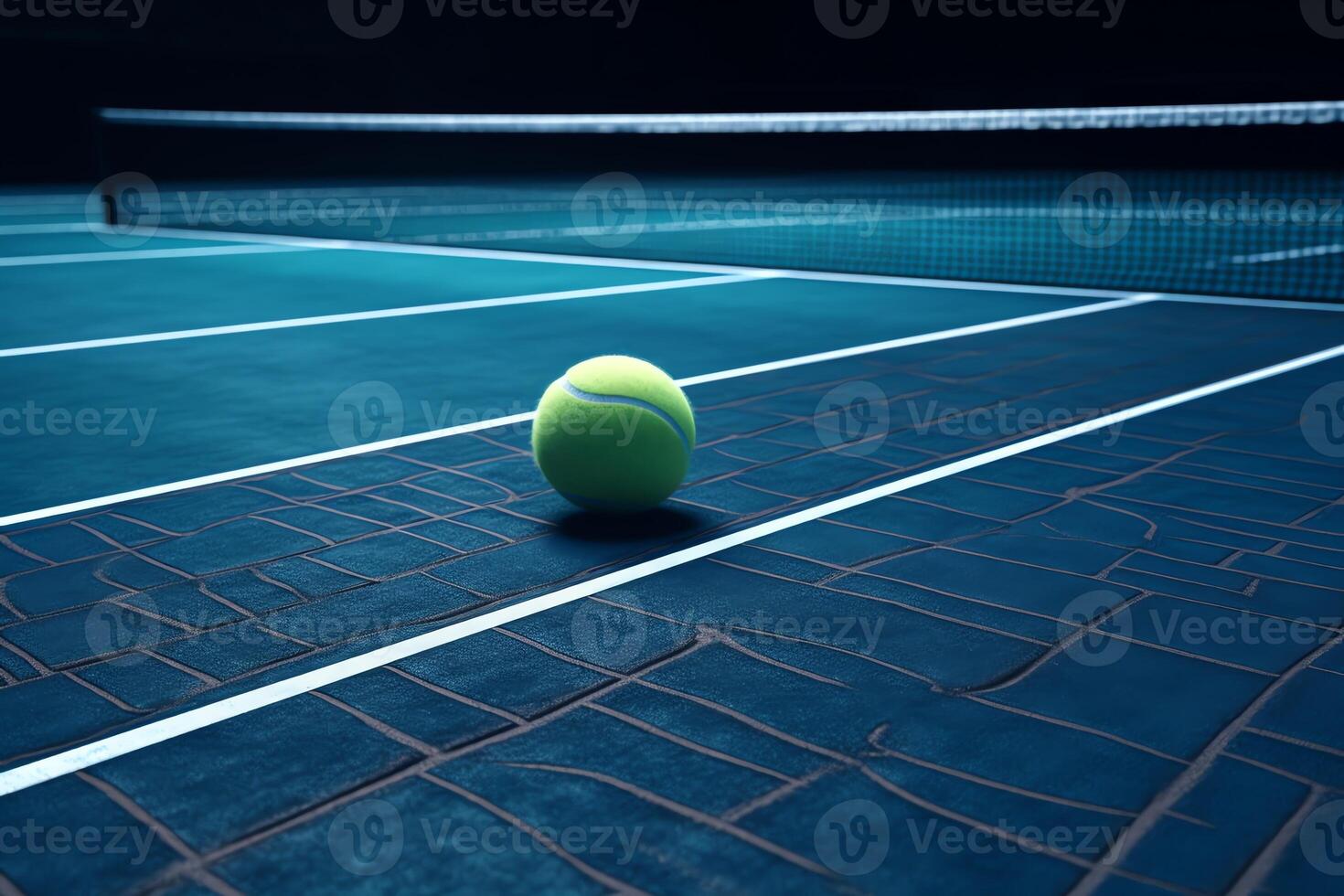 blu tennis Tribunale con 3d interpretazione di un' tennis palla su il linea. ai generato foto