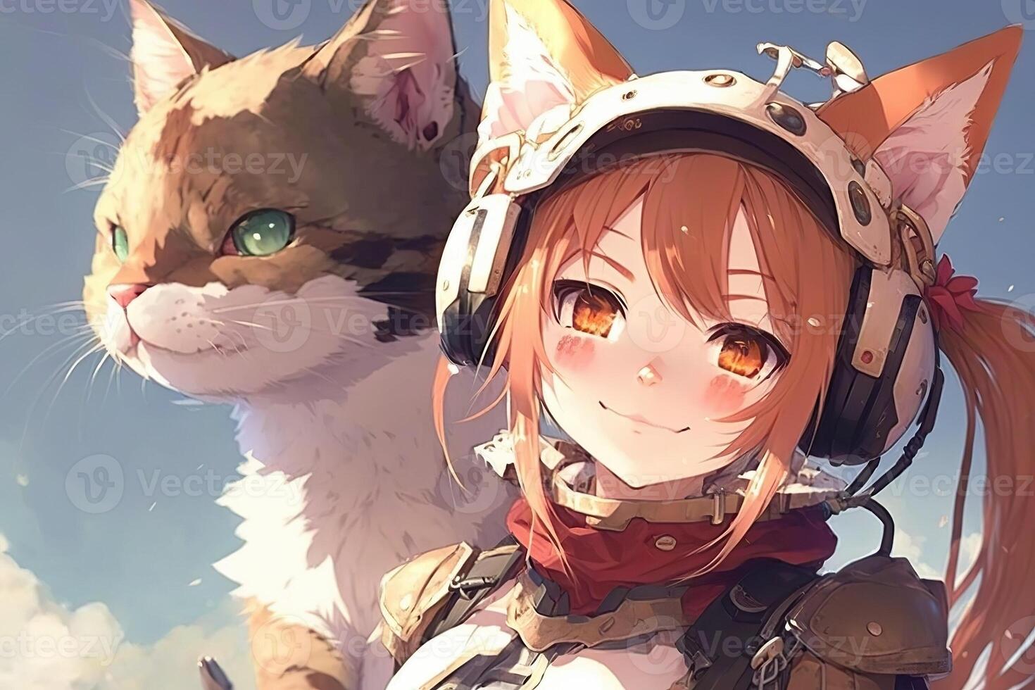 illustrazione di un' gatto e un anime ragazza, ai generato foto