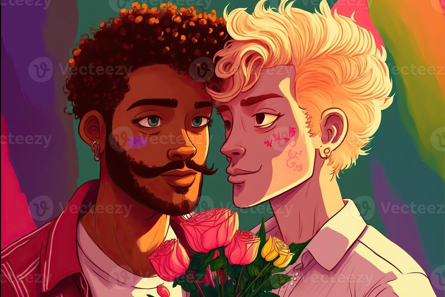 lgbtq plus cartone animato coppia su San Valentino giorno è abbracciare, con mazzo di fiori, illustrazione ai generato foto