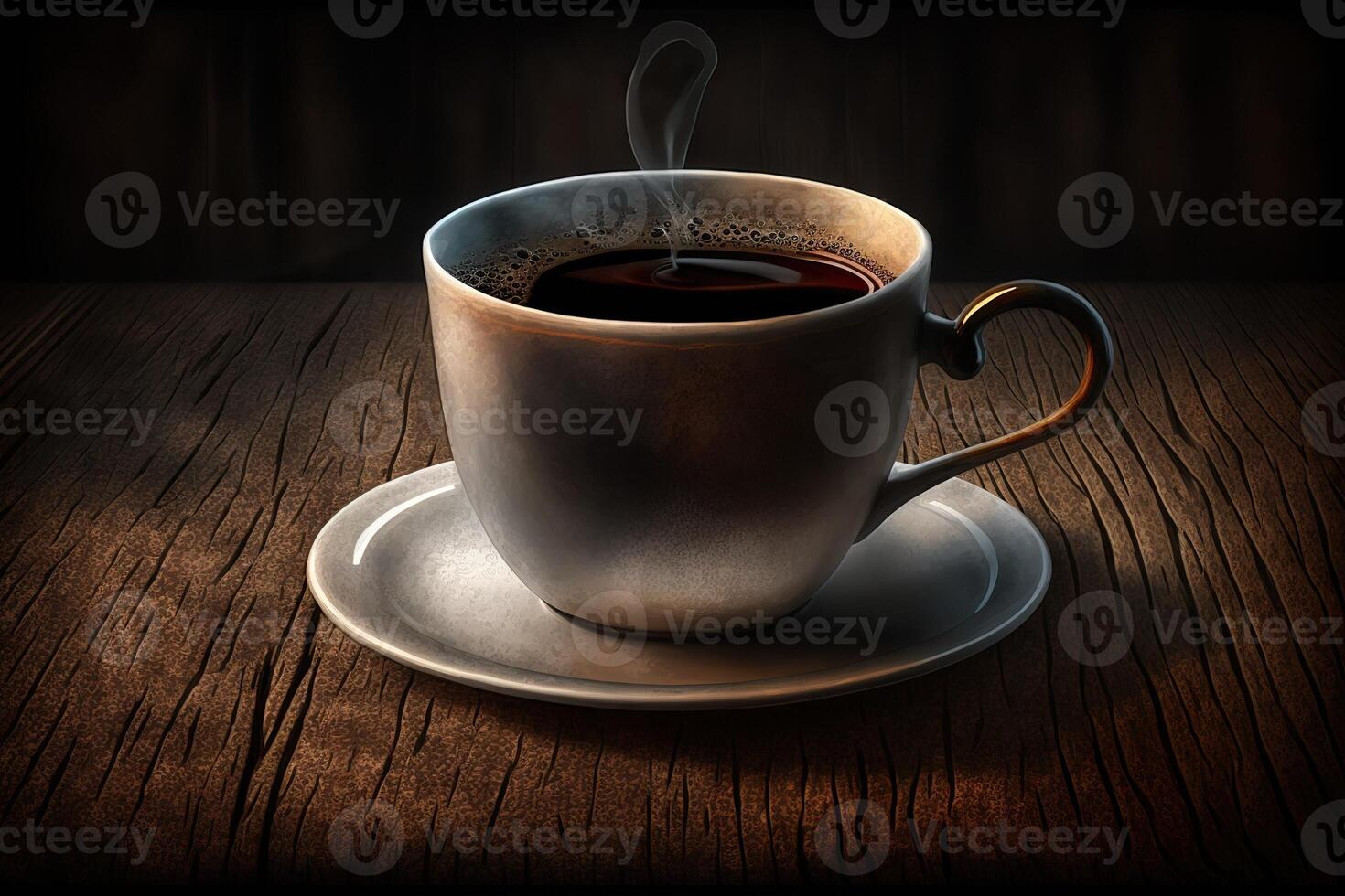 illustrazione di un' metallo poco tazza di caffè espresso caffè su un' di legno tavolo, ai generato foto