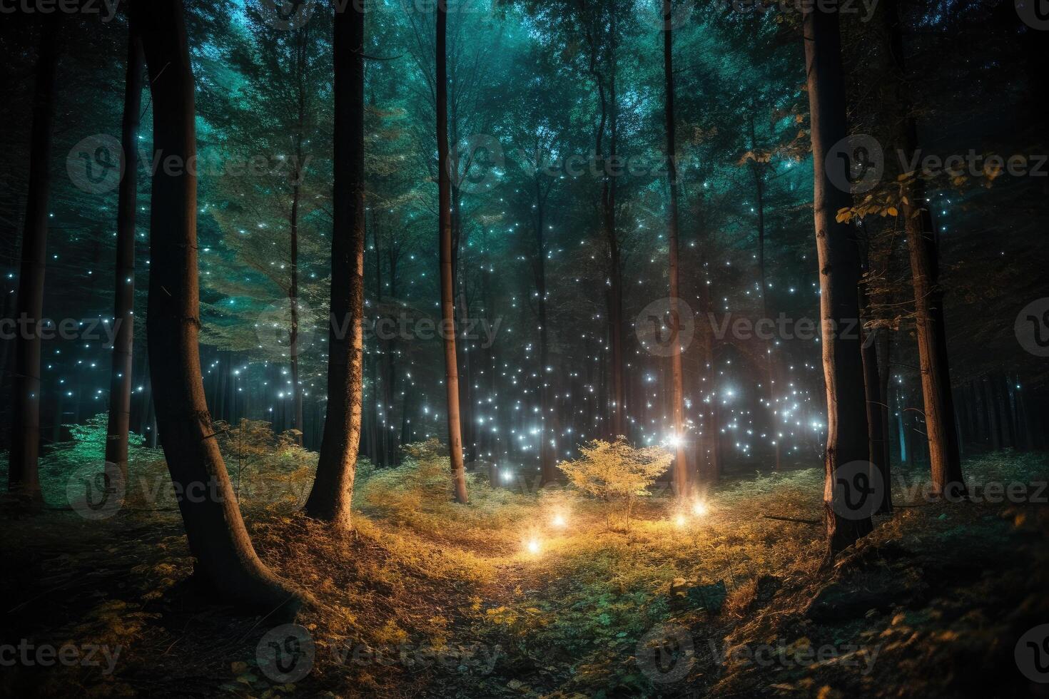 fantasia magico foresta con raggiante luci. generativo ai foto