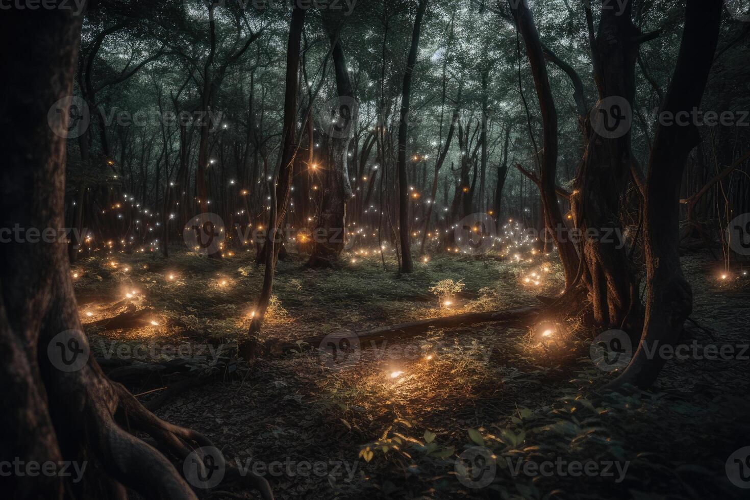fantasia magico foresta con raggiante luci. generativo ai foto