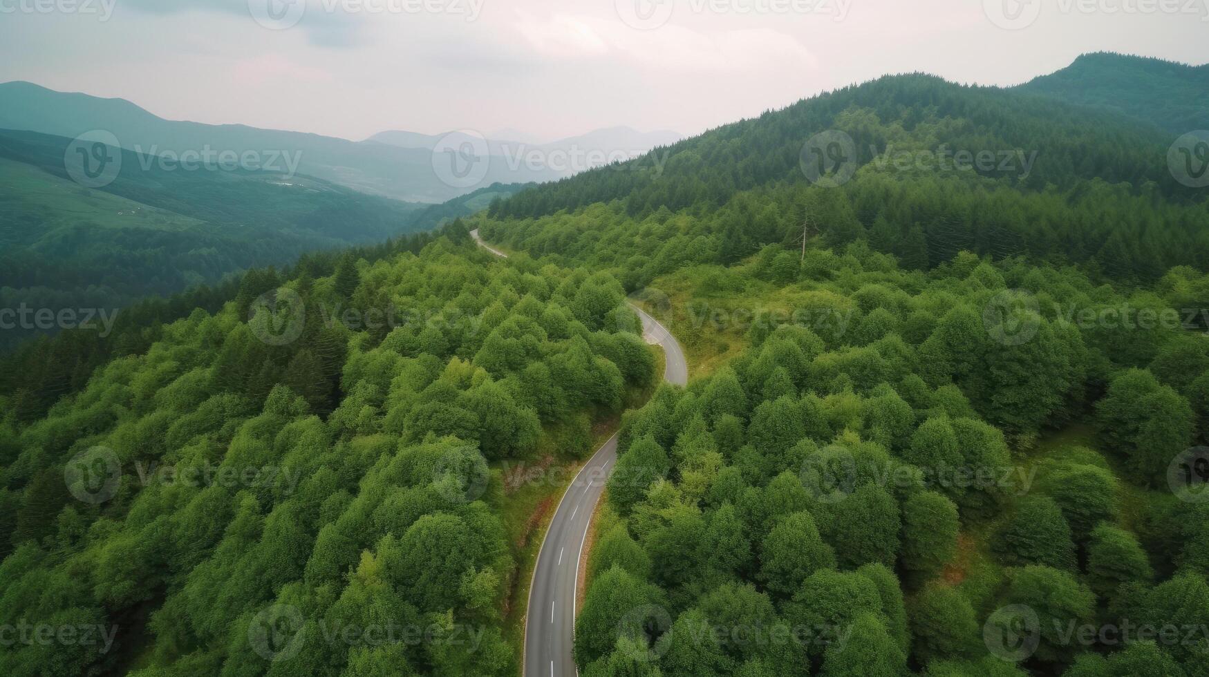 aereo superiore Visualizza di asfalto strada attraverso verde foresta, salutare pioggia foresta, ambiente, Salute, verde economia, Visualizza di natura ecosistema per Salva terra con generativo ai. foto