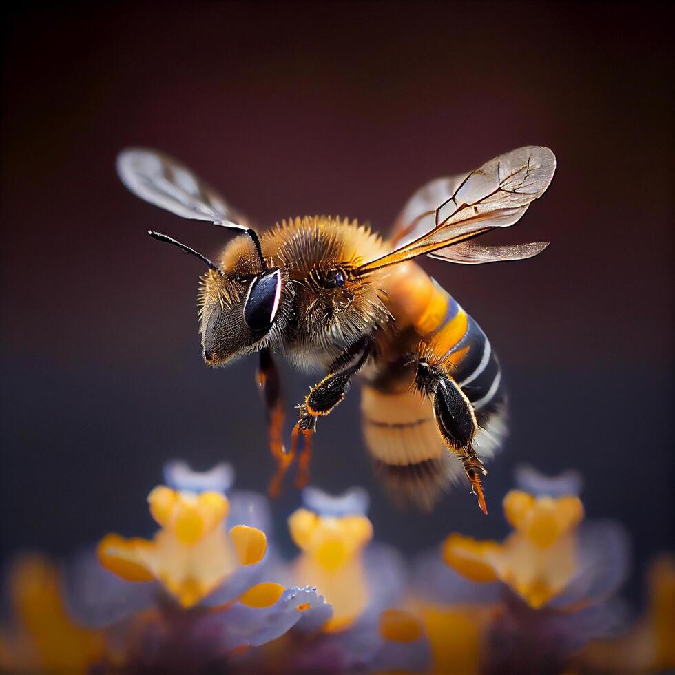 miele ape volare nel il giardino con fiore e nettare ai generativo foto