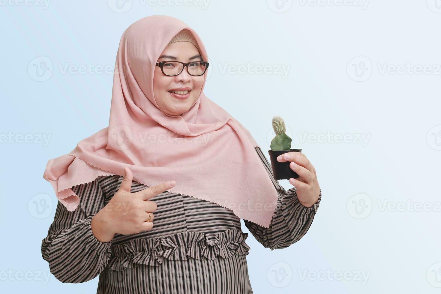 ritratto di allegro asiatico donna con hijab, Tenere e mostrando un' piccolo pentole di succulento cactus impianti. isolato Immagine su blu sfondo foto