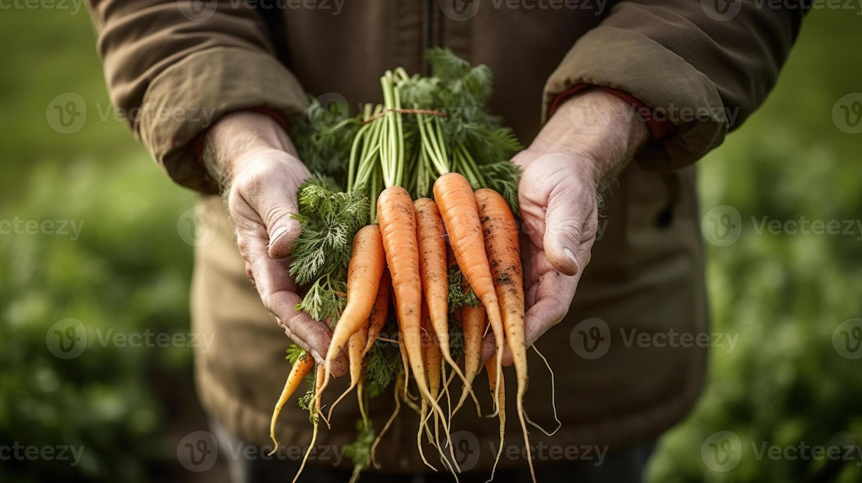 generativo ai, verdure nel il mani di un' contadino nel il giardino, carote a partire dal il terra, un' bene raccogliere di eco prodotti. foto