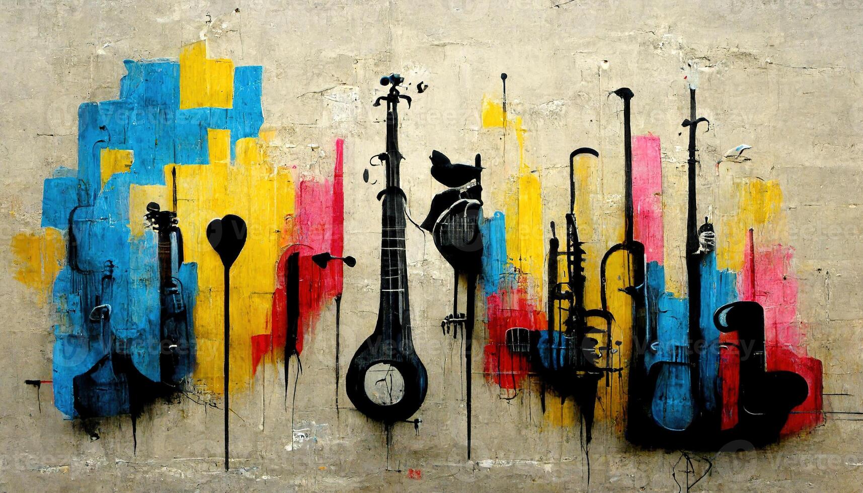 generativo ai, astratto strada arte con chiavi e musicale strumenti sagome. inchiostro colorato graffiti arte su un' strutturato carta Vintage ▾ sfondo, ispirato di Banksy foto