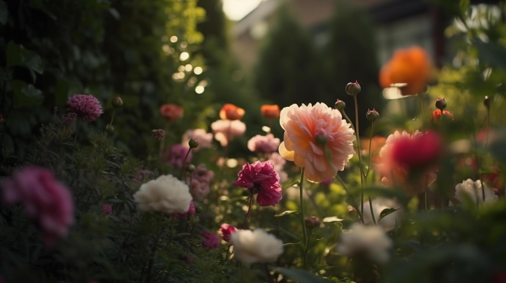 generativo ai, bellissimo estate privato giardino con molti fiori e impianti, natura paesaggio, inglese campagna Villetta stile foto