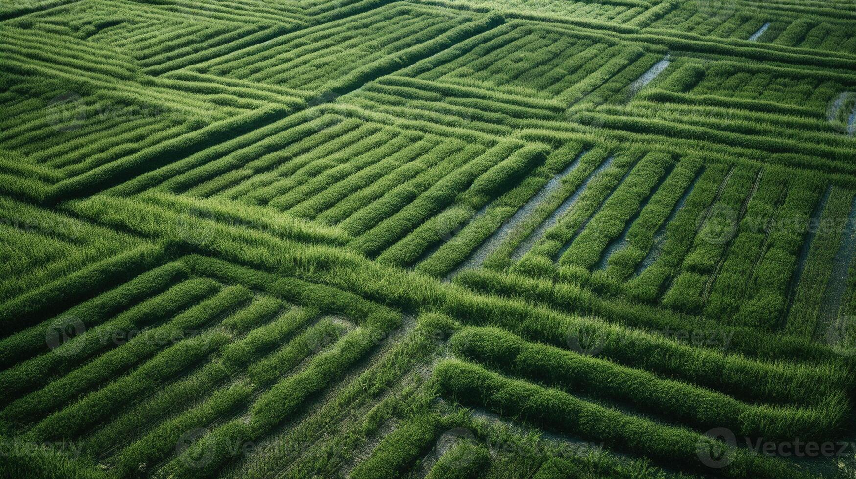 generativo ai, campo di verde erba con acqua cosparso, aereo Visualizza fuco fotografia. palude paesaggio. foto