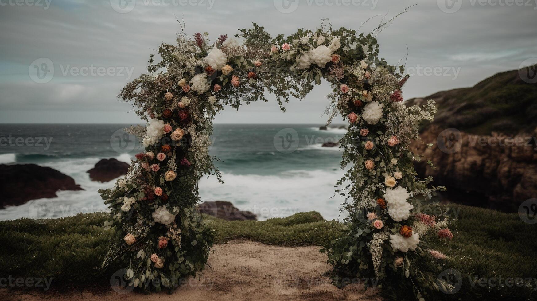 generativo ai, nozze cerimonia boho rustico stile arco con fiori e impianti, fiore mazzi di fiori. foto