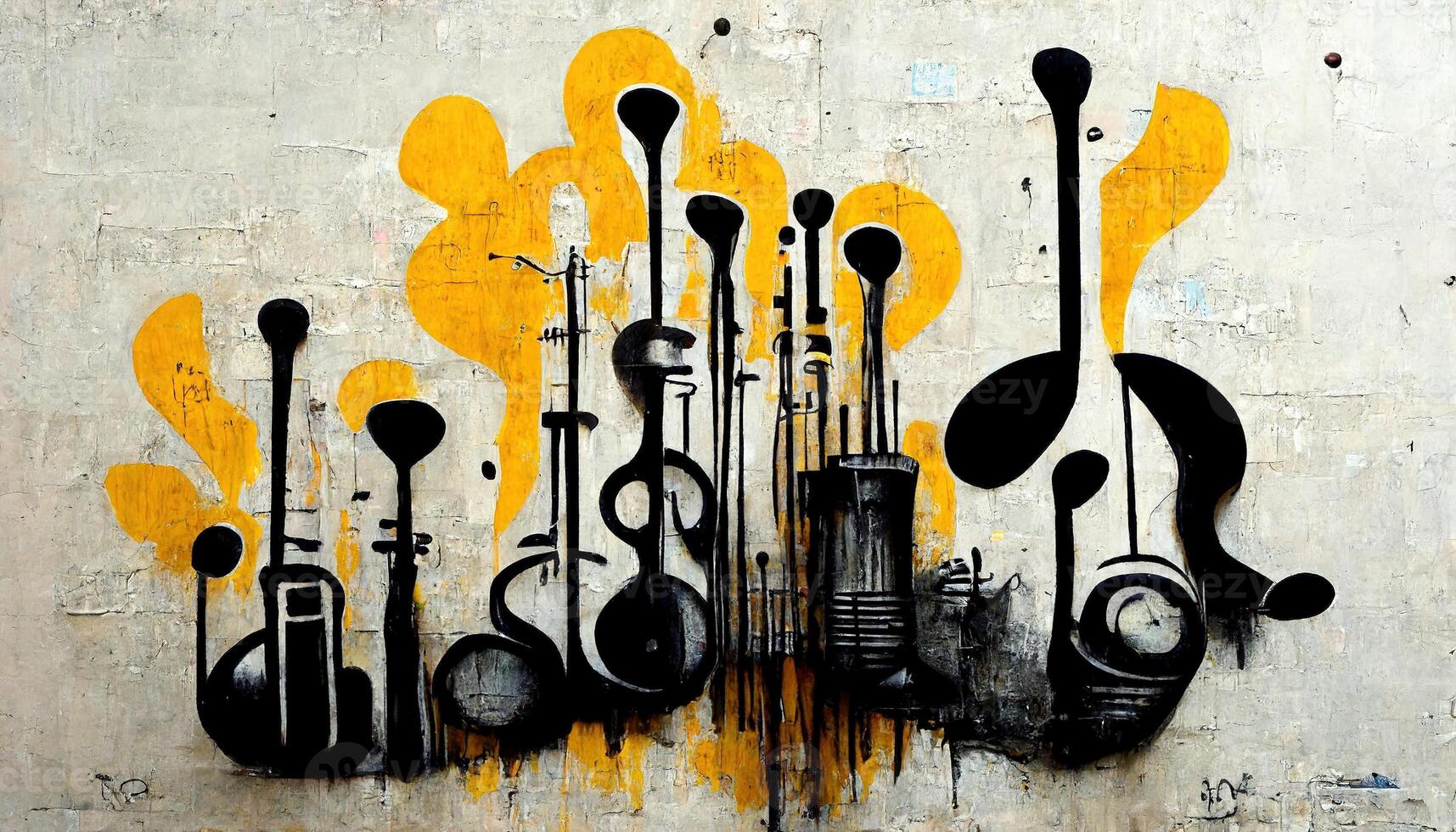 generativo ai, astratto strada arte con chiavi e musicale strumenti sagome. inchiostro colorato graffiti arte su un' strutturato carta Vintage ▾ sfondo, ispirato di Banksy foto