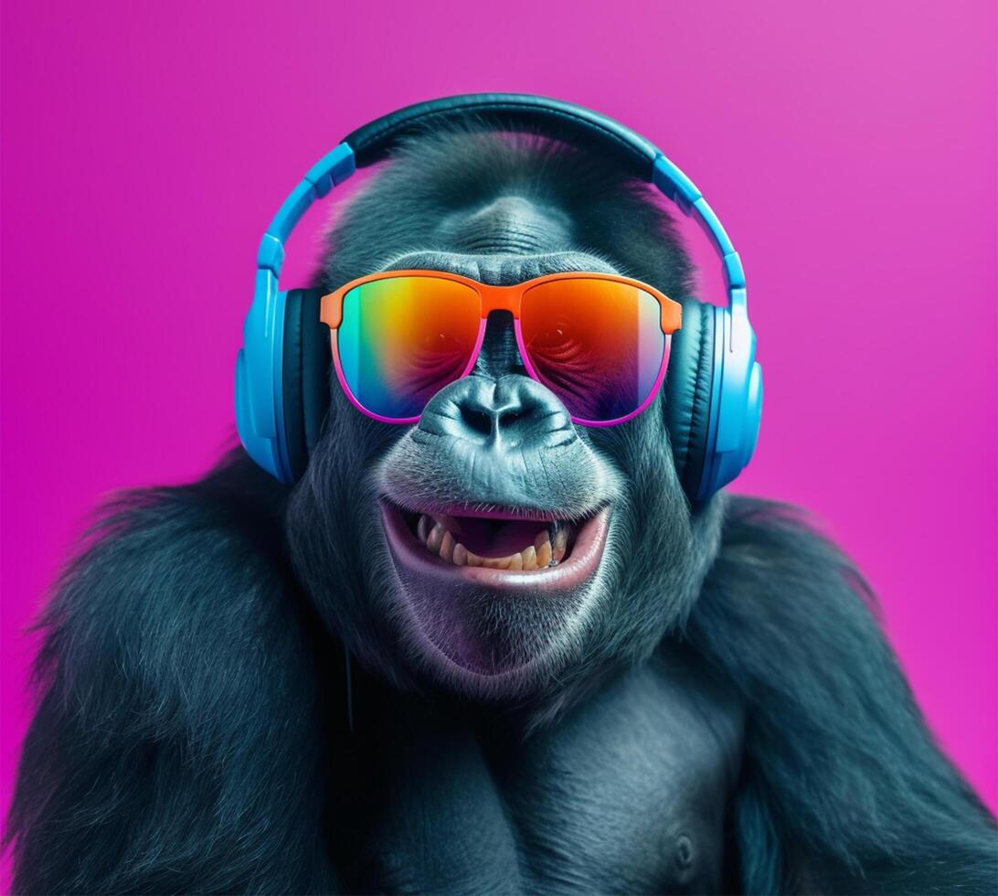 vicino su ritratto di gorilla indossare bicchieri e cuffia, piacevole Sorridi espressione, ascoltando per musica concetto felicemente, su viola sfondo. generativo ai foto