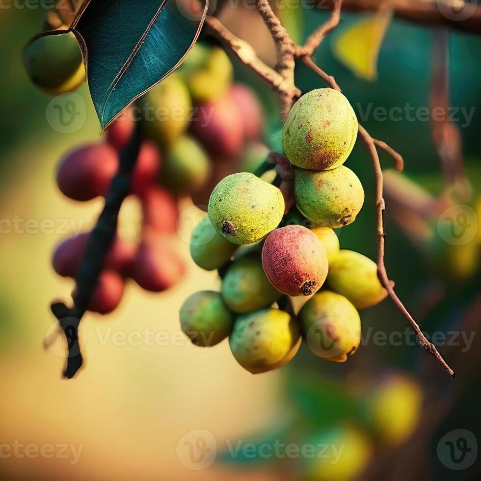 ai generato sospeso crudo frutta su un' ramo con morbido bokeh sfondo foto
