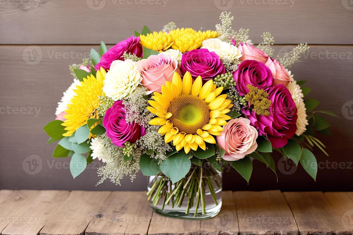 mazzo di colorato fiori nel vaso su di legno sfondo. generativo ai foto