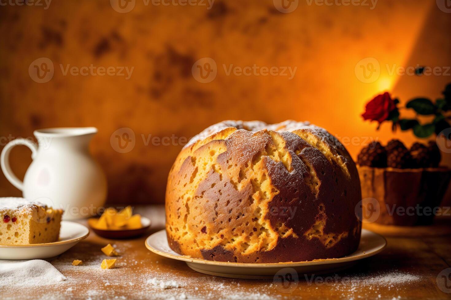 Natale torta con uva passa e in polvere zucchero. Panettone torta con uva passa e glassatura zucchero. generativo ai foto