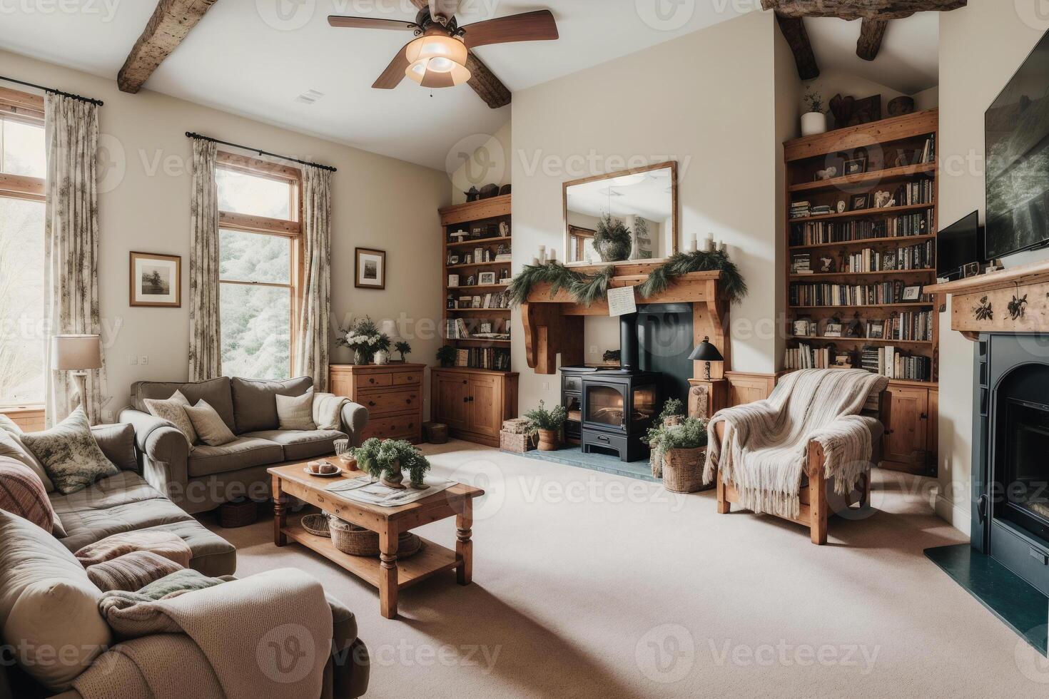 interno di moderno vivente camera con divano, caffè tavolo e impianti. generativo ai foto
