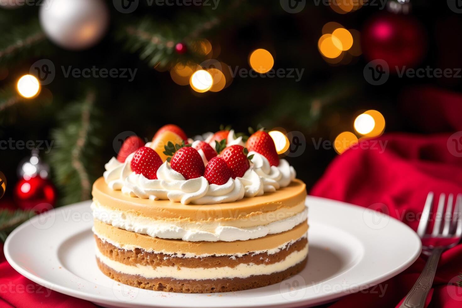 bavarese crema. cucinato crema pasticciera. pezzo di Natale torta di formaggio con lamponi su un' di legno tavolo. fatti in casa torta con noccioline e Miele. generativo ai foto