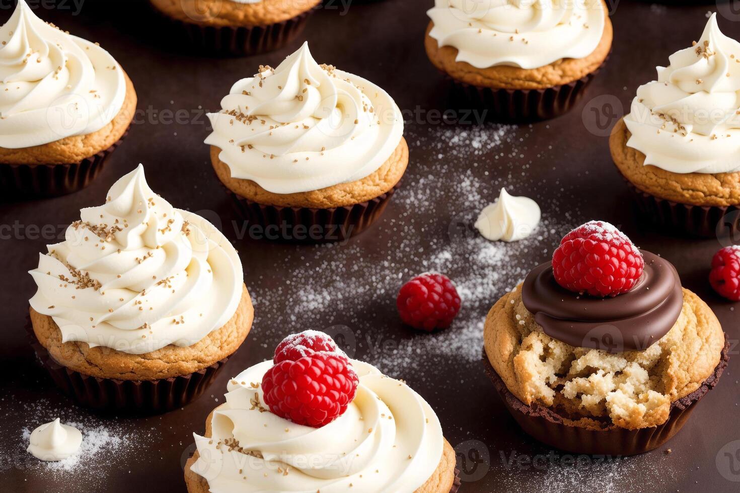 delizioso cioccolato torta con crema e glassatura zucchero su un' bianca piatto. eclairs con cioccolato crema e ciliegia, generativo ai foto