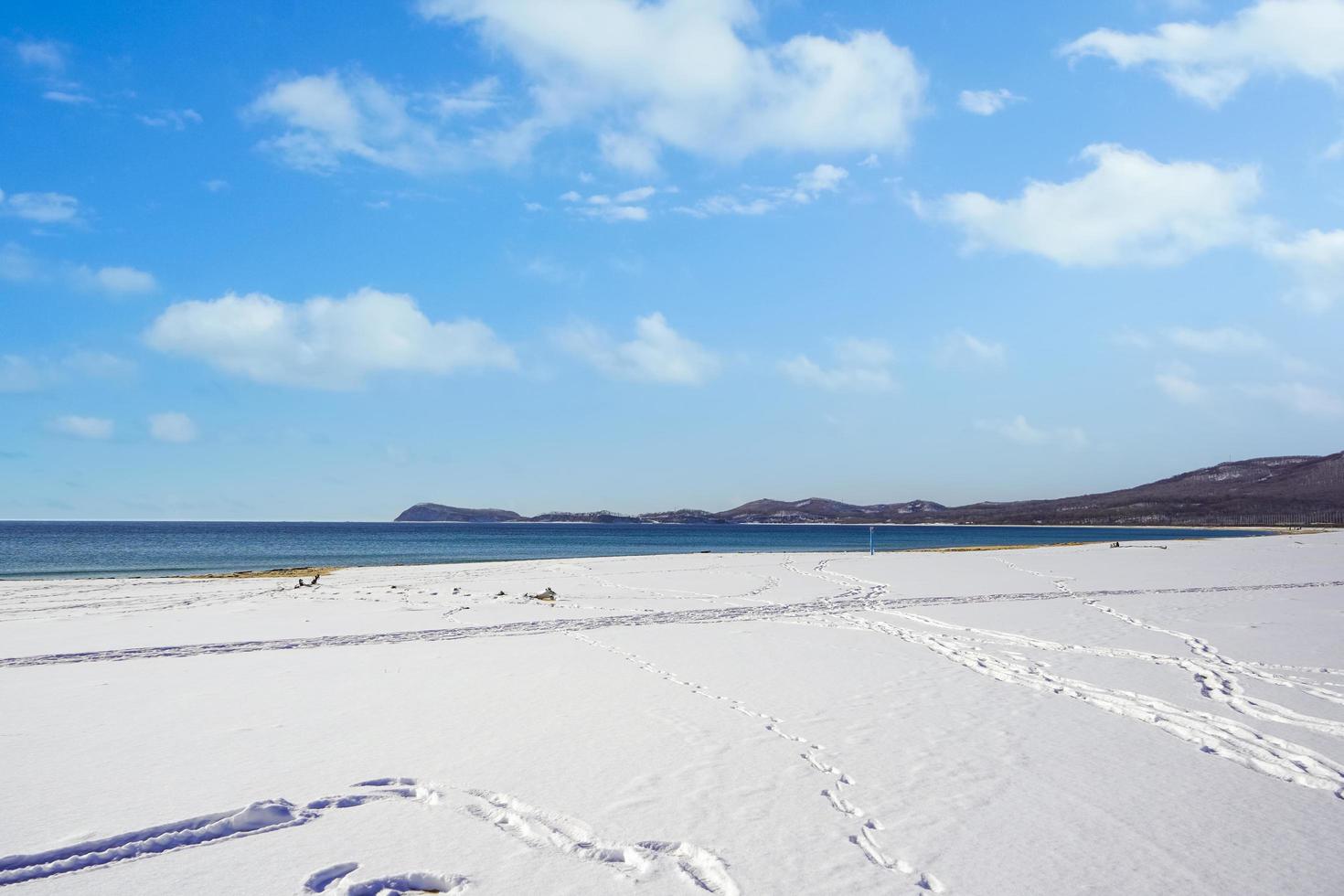 vista sul mare con una spiaggia nella neve foto