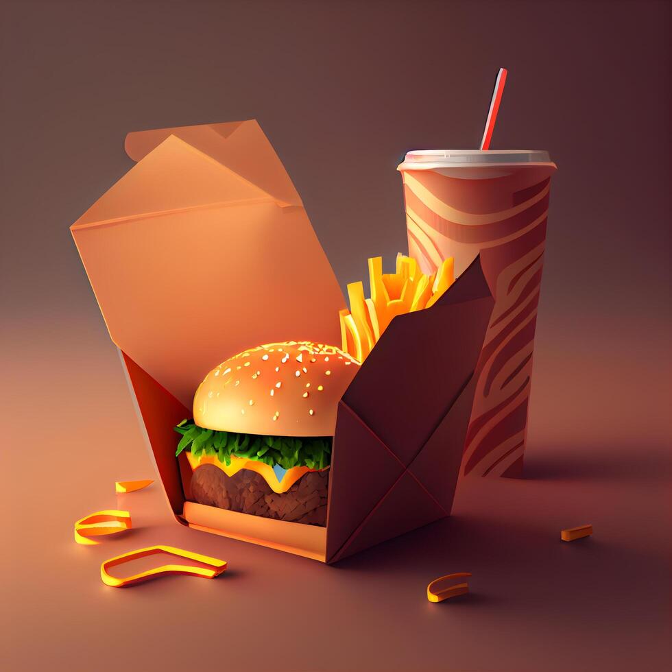 veloce cibo nel un' carta scatola. 3d illustrazione. 3d rendering, ai generativo Immagine foto