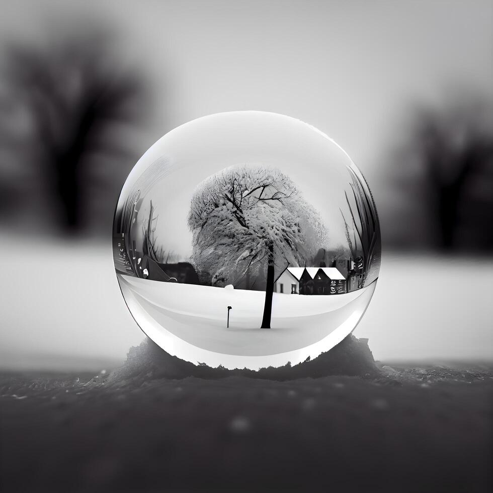 cristallo palla con alberi e case nel il neve. nero e bianca, ai generativo Immagine foto