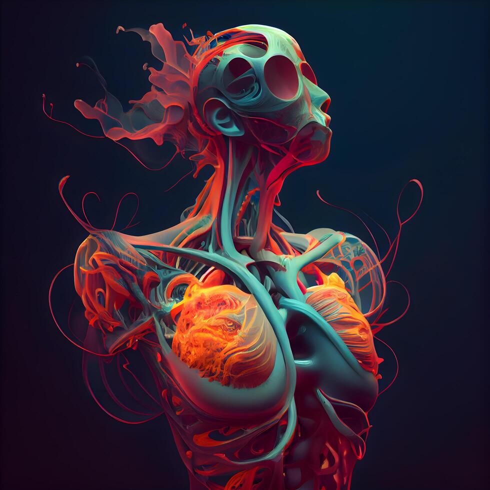 umano cuore con sangue navi. 3d illustrazione, 3d rendering, ai generativo Immagine foto