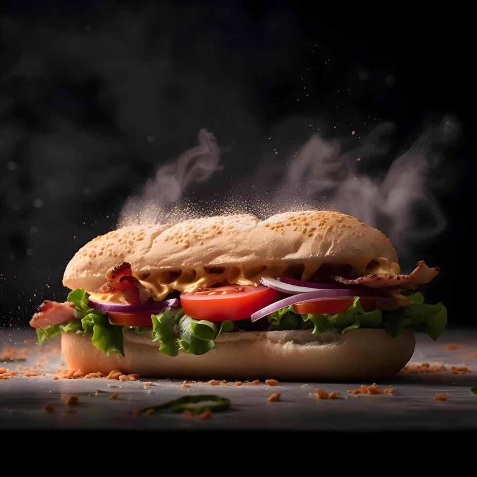 Sandwich con Bacon, lattuga, pomodoro e cipolla su un' nero sfondo, ai generativo Immagine foto
