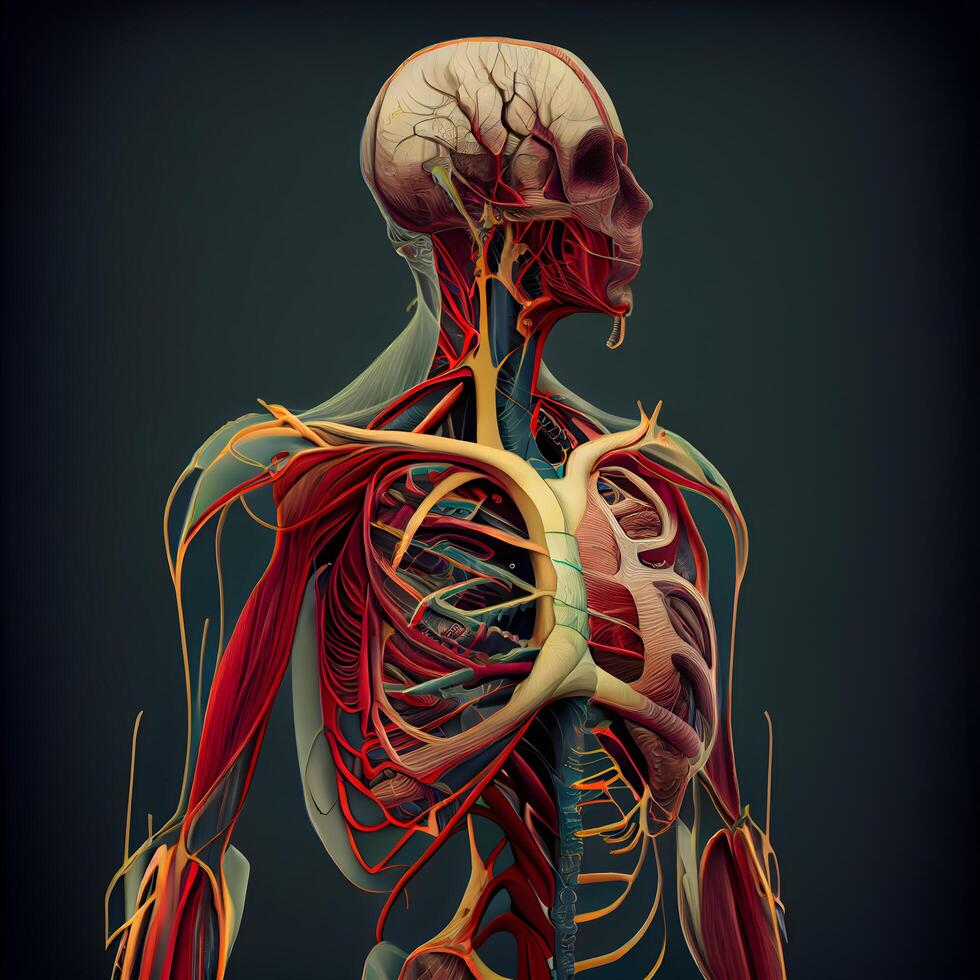 umano corpo anatomia con polmoni, circolatorio sistema e cardiovascolare sistema su grigio sfondo, ai generativo Immagine foto