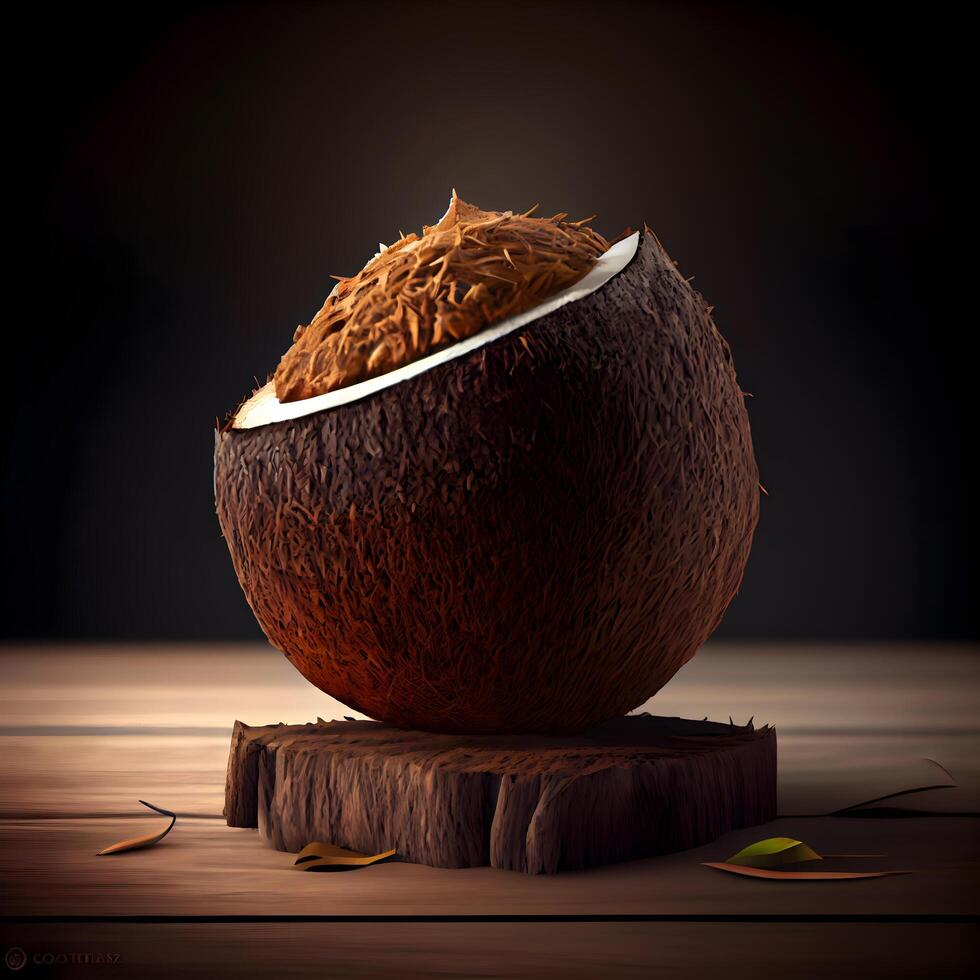Noce di cocco su un' di legno tavolo. realistico illustrazione, 3d rendere, ai generativo Immagine foto