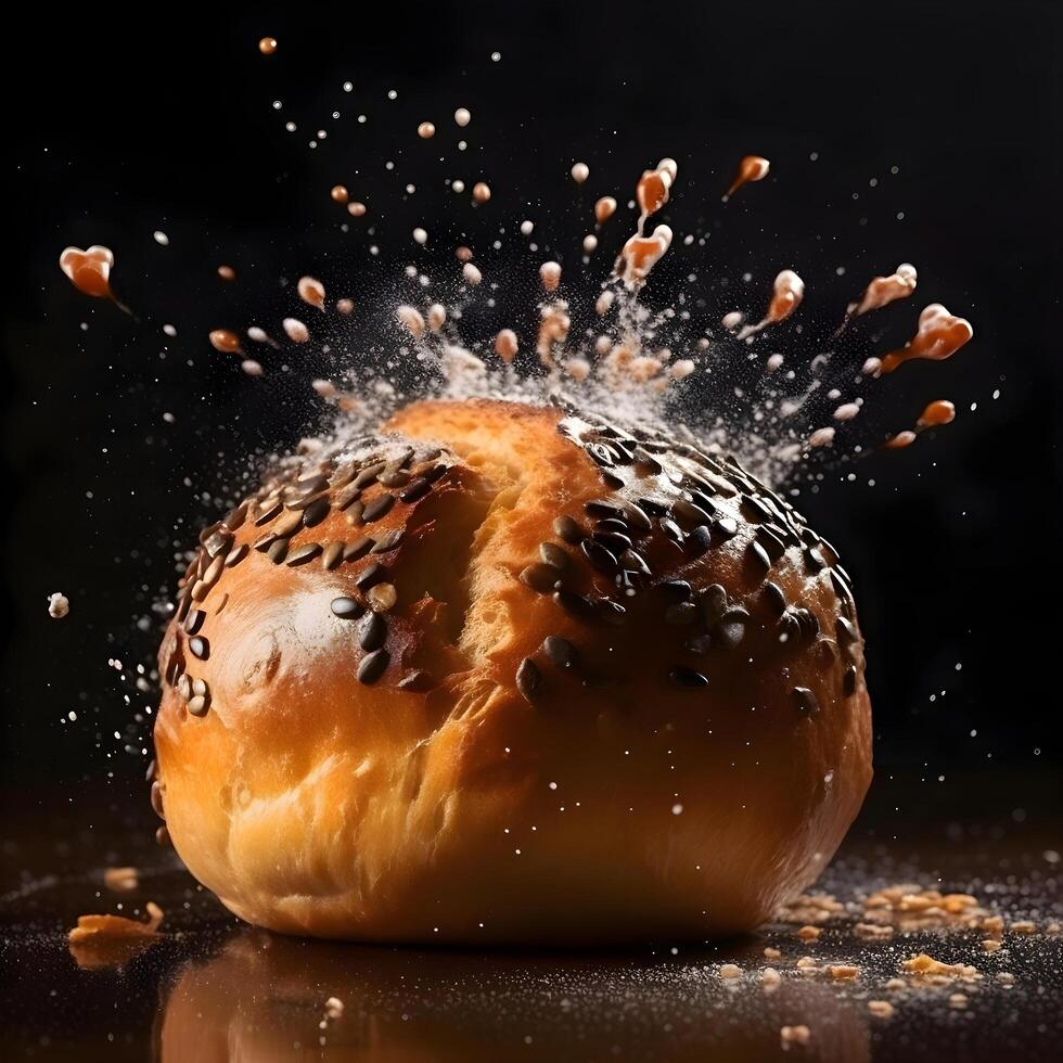 gustoso brioche con uva passa su un' nero sfondo, ai generativo Immagine foto