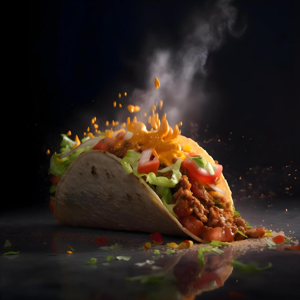 tacos con carne e verdure su un' nero sfondo con Fumo, ai generativo Immagine foto