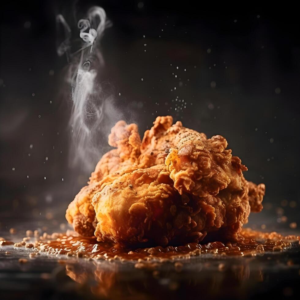 fritte pollo su un' nero sfondo con Fumo. selettivo messa a fuoco., ai generativo Immagine foto