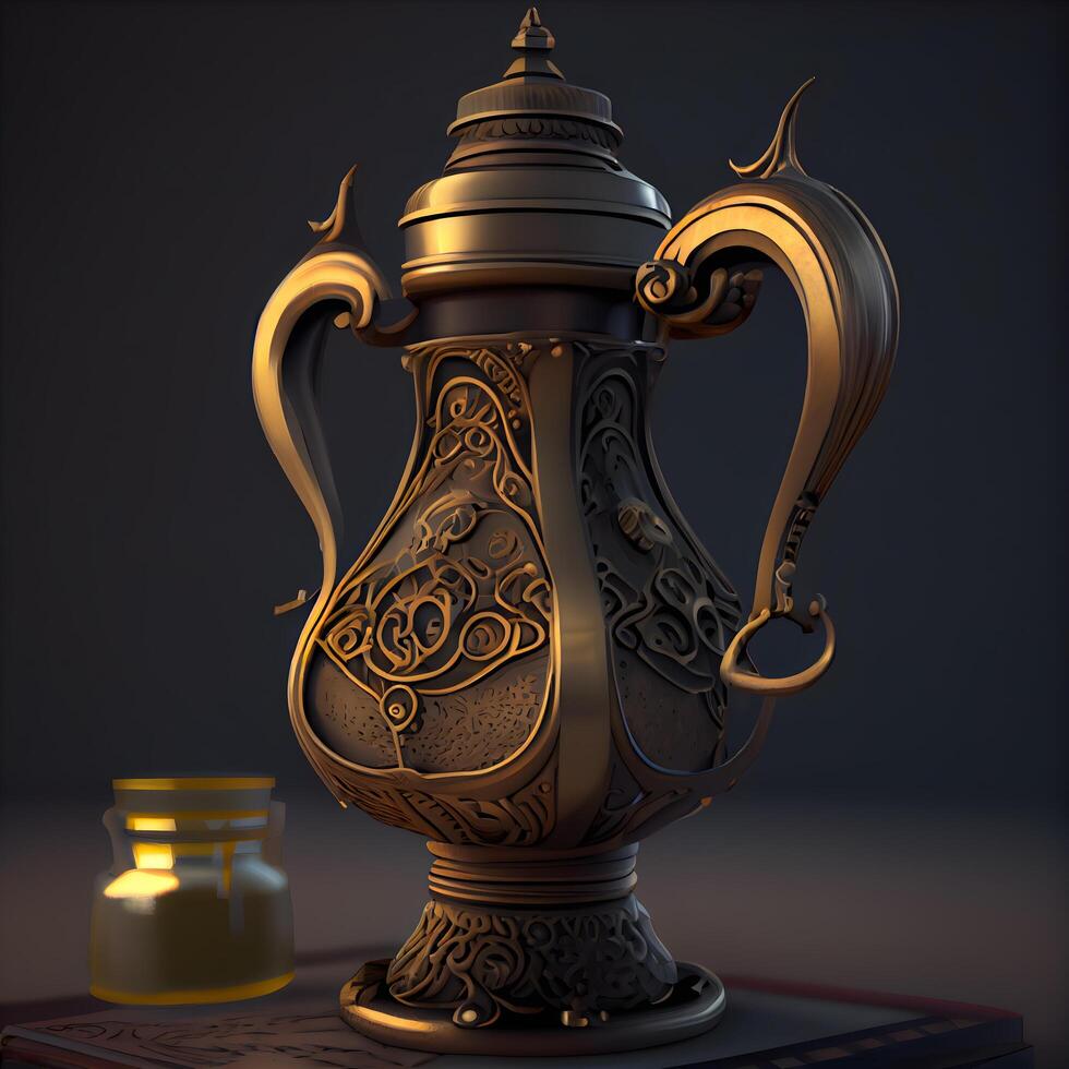 Arabo caffè pentola con oro ornamento su buio sfondo. 3d rendering, ai generativo Immagine foto