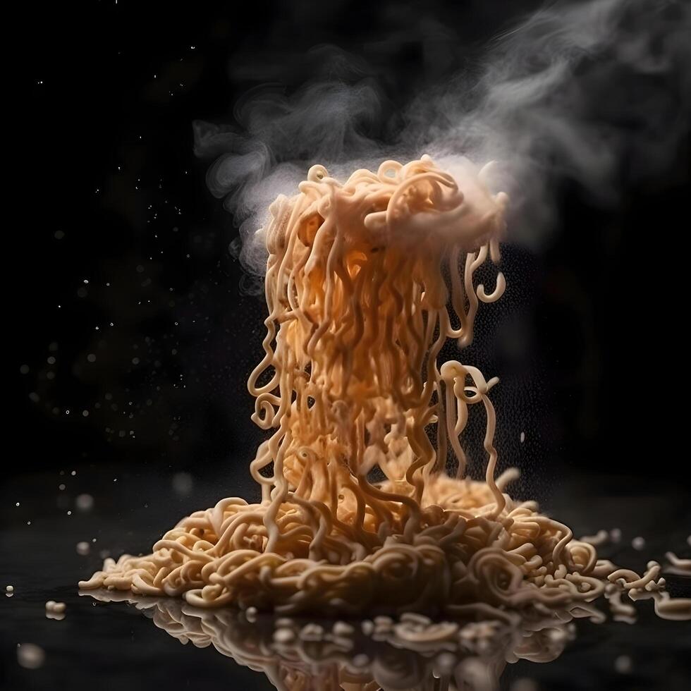 immediato tagliatelle con Fumo su un' nero sfondo. avvicinamento., ai generativo Immagine foto