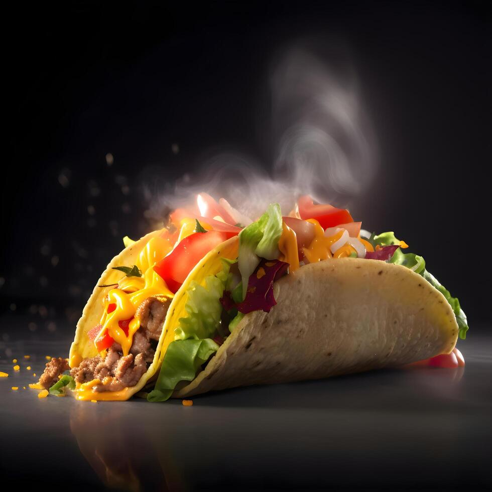 tradizionale messicano tacos con Manzo e verdure su un' nero sfondo, ai generativo Immagine foto