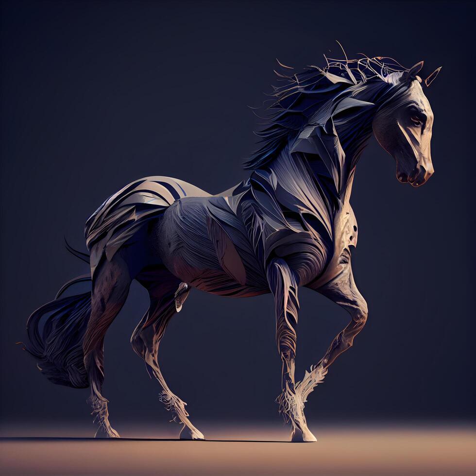 3d interpretazione di un' nero cavallo con criniera su un' buio sfondo, ai generativo Immagine foto