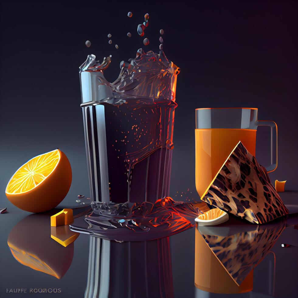 arancia succo nel un' bicchiere su un' nero sfondo. 3d illustrazione, ai generativo Immagine foto