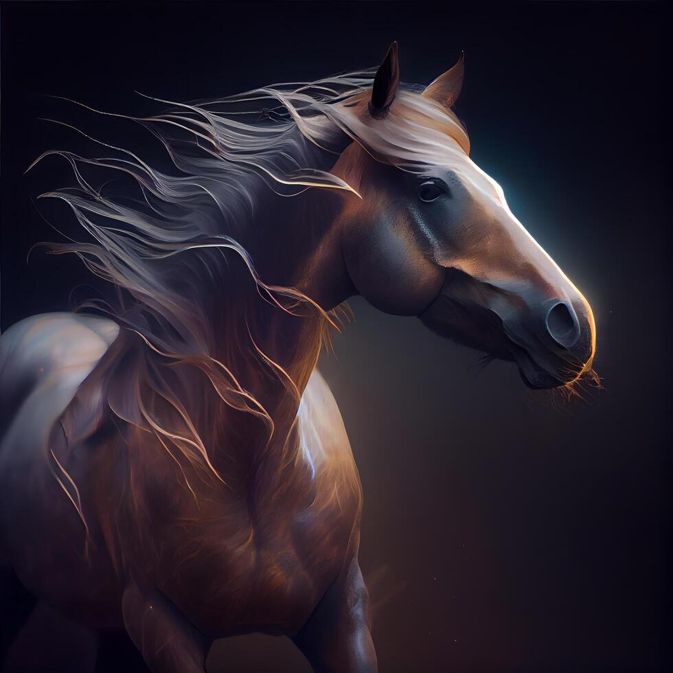 bellissimo cavallo con lungo criniera su nero sfondo. digitale la pittura, ai generativo Immagine foto