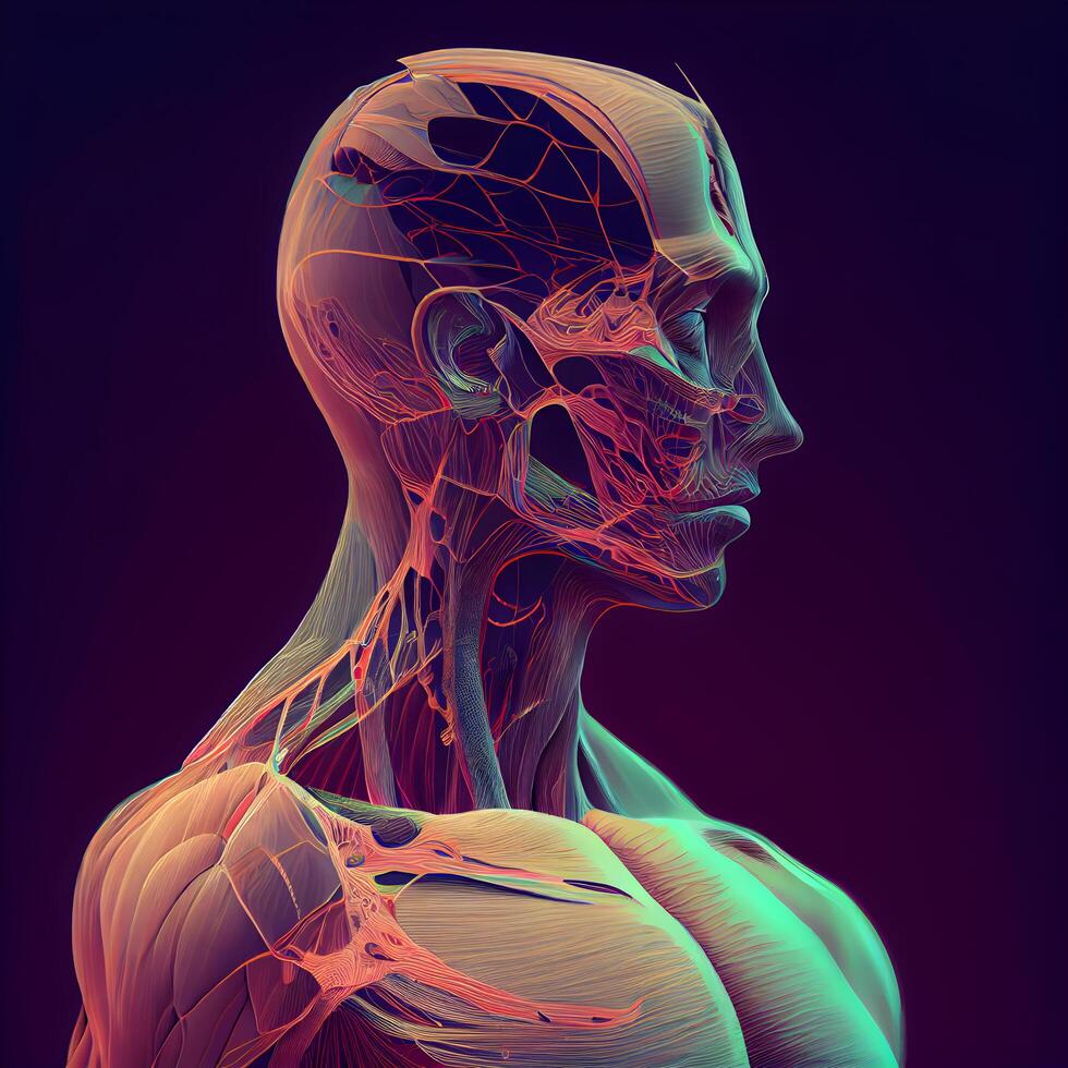 umano anatomia muscoli e nervoso sistema. 3d illustrazione., ai generativo Immagine foto