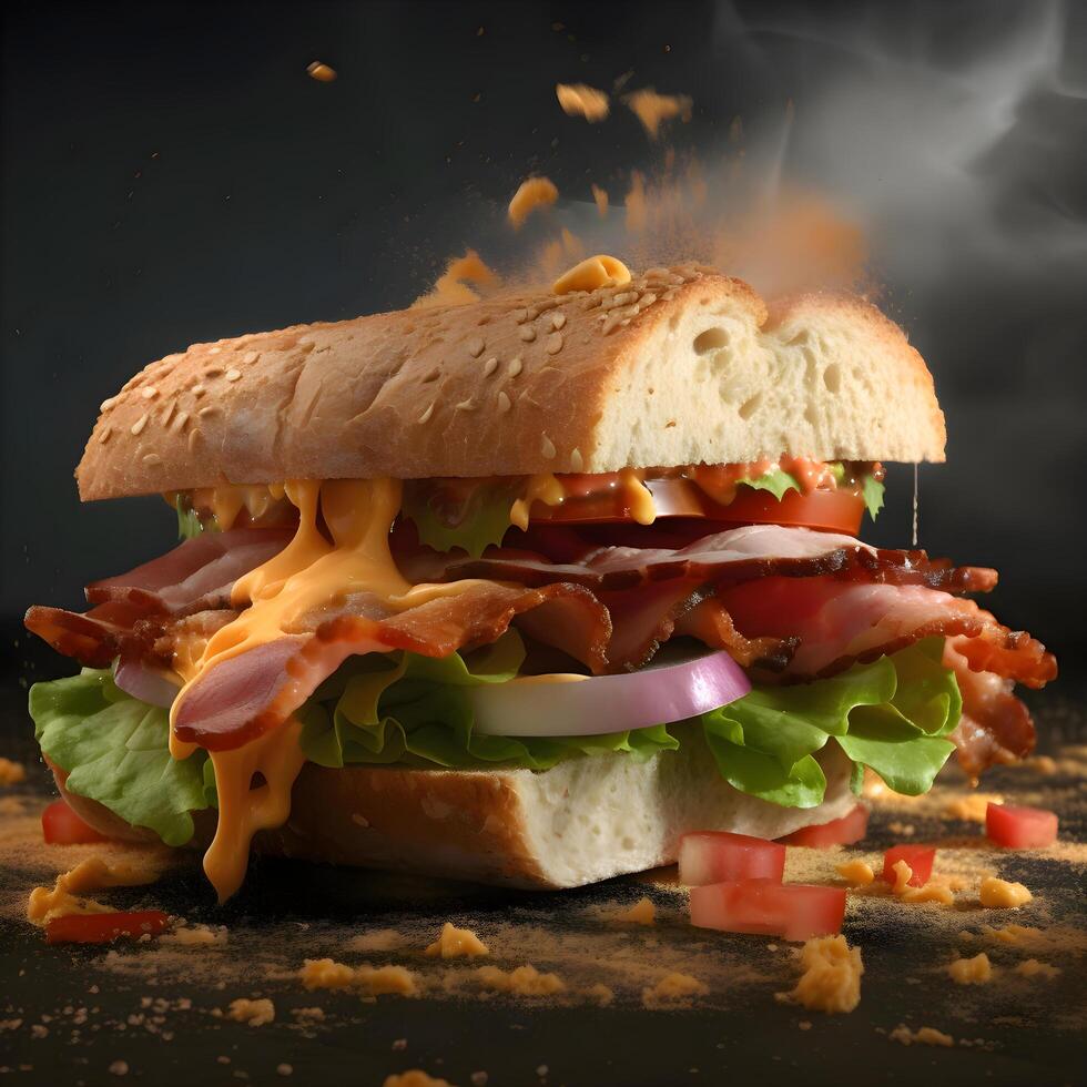 Hamburger con carne e verdure su un' nero sfondo con Fumo, ai generativo Immagine foto