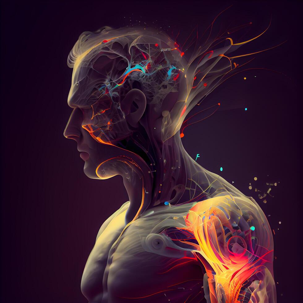 umano corpo anatomia con raggiante cervello. 3d interpretazione medico illustrazione., ai generativo Immagine foto