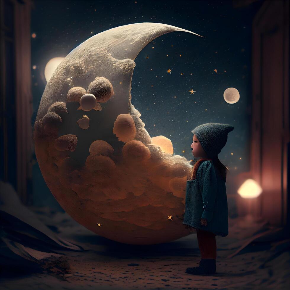carino poco ragazzo esplorando il Luna. misto media. misto media, ai generativo Immagine foto