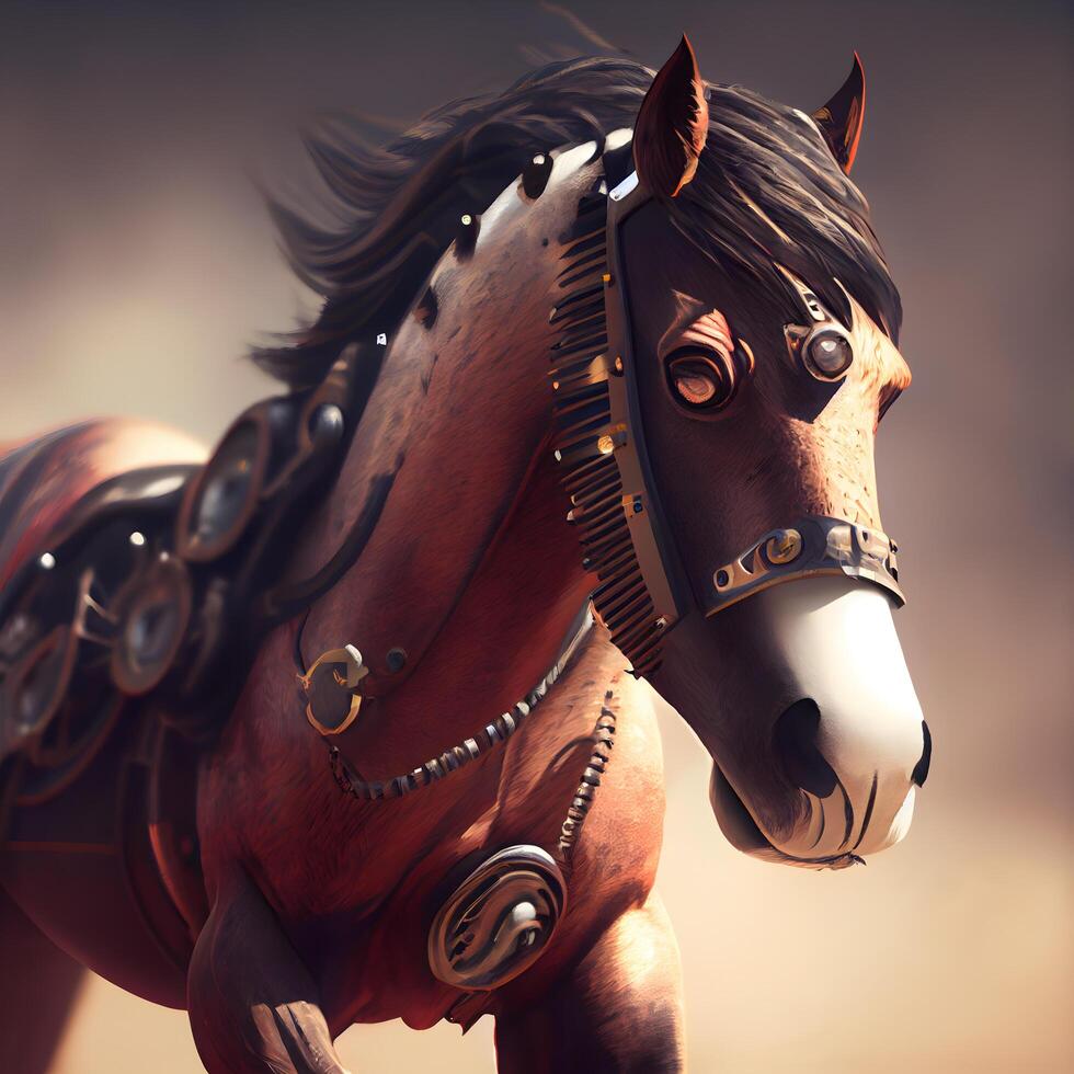 3d interpretazione di un' cavallo con un' casco nel il sfondo., ai generativo Immagine foto