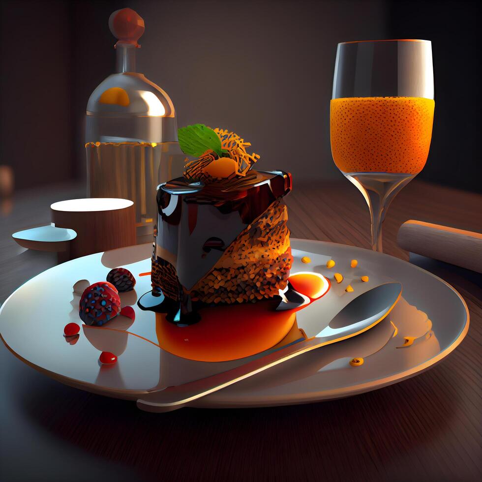 cioccolato torta su un' piatto con un' bicchiere di Champagne e caramelle, ai generativo Immagine foto
