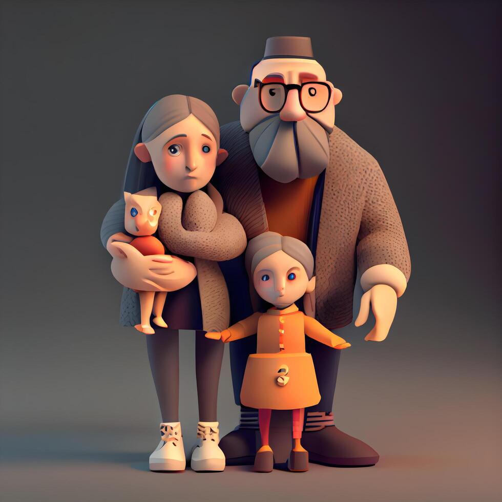 nonno, nonna e nipotina. famiglia ritratto. 3d illustrazione, ai generativo Immagine foto