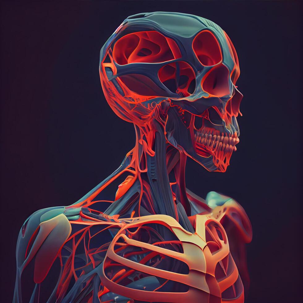 umano scheletro anatomia, ossatura e circolatorio sistema, 3d illustrazione, ai generativo Immagine foto