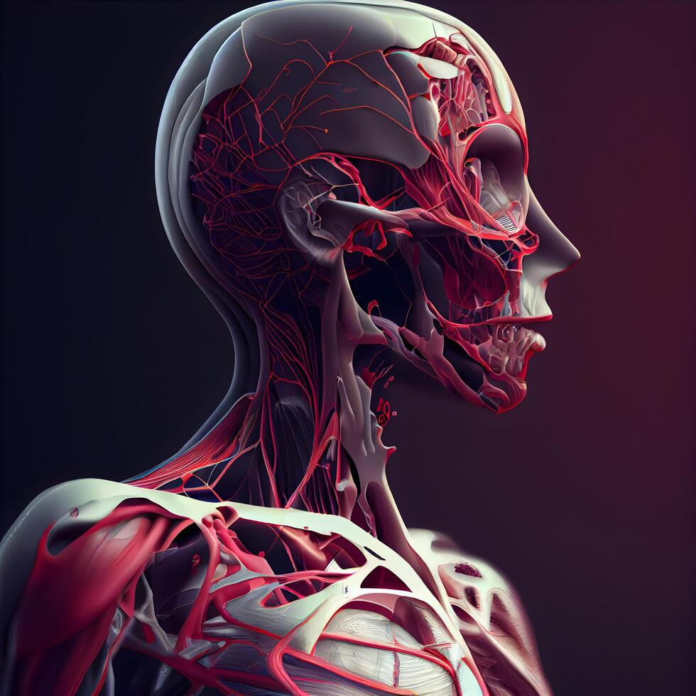 3d illustrazione di umano muscoli anatomia con sangue navi, ai generativo Immagine foto
