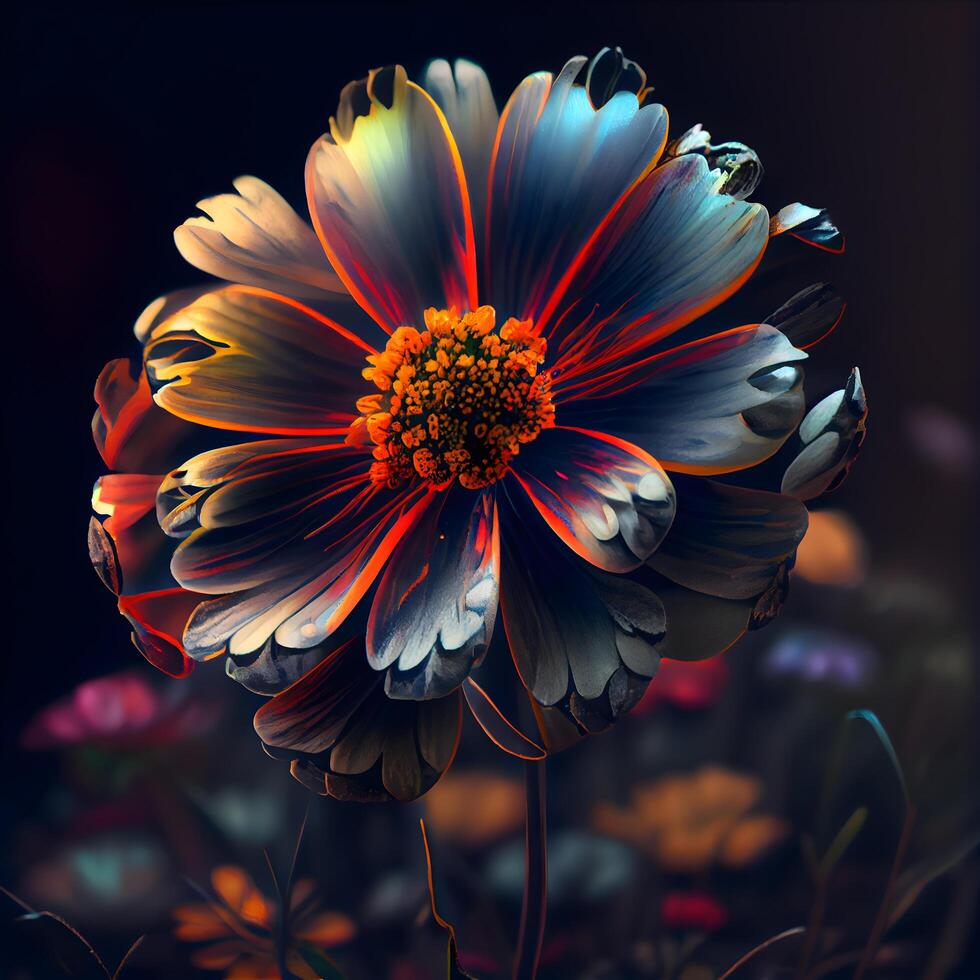 dalia fiore nel il giardino su un' buio sfondo. 3d rendering, ai generativo Immagine foto